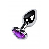 Серебристая коническая анальная пробка с фиолетовым кристаллом-сердечком - 7 см. - ToyFa - купить с доставкой в Ногинске