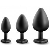 Набор из 3 черных пробок с прозрачным кристаллом-сердечком Bling Plugs Training Kit - Blush Novelties - купить с доставкой в Ногинске