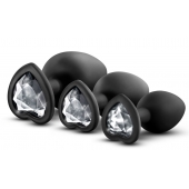 Набор из 3 черных пробок с прозрачным кристаллом-сердечком Bling Plugs Training Kit - Blush Novelties - купить с доставкой в Ногинске