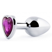 Серебристая анальная пробка с фиолетовым кристаллом-сердечком - 8 см. - Anal Jewelry Plug - купить с доставкой в Ногинске