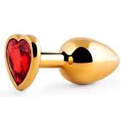 Золотистая анальная пробка с красным стразом-сердечком - 8 см. - Anal Jewelry Plug - купить с доставкой в Ногинске