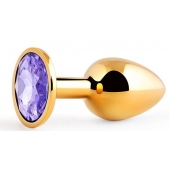 Золотистая анальная пробка с фиолетовым стразом - 7,2 см. - Anal Jewelry Plug - купить с доставкой в Ногинске