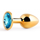 Золотистая анальная пробка с голубым стразом - 7,2 см. - Anal Jewelry Plug - купить с доставкой в Ногинске