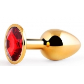Золотистая анальная пробка с красным стразом - 7,2 см. - Anal Jewelry Plug - купить с доставкой в Ногинске