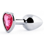 Серебристая анальная пробка с розовым кристаллом-сердечком - 7 см. - Anal Jewelry Plug - купить с доставкой в Ногинске