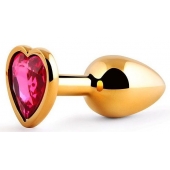 Золотистая анальная пробка с малиновым кристаллом-сердечком - 7 см. - Anal Jewelry Plug - купить с доставкой в Ногинске