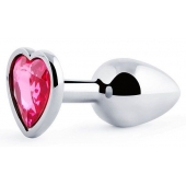 Серебристая анальная пробка с малиновым кристаллом-сердечком - 7 см. - Anal Jewelry Plug - купить с доставкой в Ногинске
