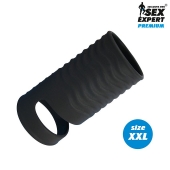Черная открытая насадка на пенис с кольцом для мошонки XXL-size - 9,4 см. - Sex Expert - в Ногинске купить с доставкой
