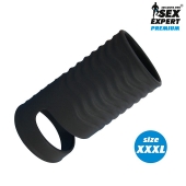 Черная открытая насадка на пенис с кольцом для мошонки XXXL-size - 9,9 см. - Sex Expert - в Ногинске купить с доставкой