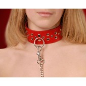 Красный кожаный ошейник с карабином и поводком - Sitabella - купить с доставкой в Ногинске