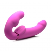 Розовый безремневой страпон с вибрацией и функцией расширения Inflatable Ergo-Fit Strapless Strap-On - XR Brands - купить с доставкой в Ногинске