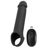Черная вибронасадка для пениса с хомутом для мошонки и пультом ДУ Remote Controlled Penis Extension - Orion - в Ногинске купить с доставкой