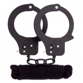 Чёрные наручники из листового металла в комплекте с веревкой BONDX METAL CUFFS LOVE ROPE SET - Dream Toys - купить с доставкой в Ногинске