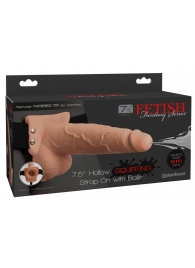 Телесный полый страпон с имитацией эякуляции 7.5  Hollow Squirting Strap-On with Balls Flesh - 21,6 см. - Pipedream - купить с доставкой в Ногинске