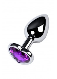 Серебристая коническая анальная пробка с фиолетовым кристаллом-сердечком - 7 см. - ToyFa - купить с доставкой в Ногинске