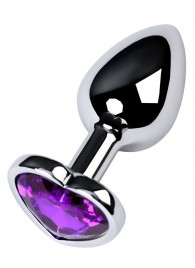 Серебристая коническая анальная пробка с фиолетовым кристаллом-сердечком - 7 см. - ToyFa - купить с доставкой в Ногинске