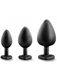 Набор из 3 черных пробок с прозрачным кристаллом-сердечком Bling Plugs Training Kit - Blush Novelties - купить с доставкой в Ногинске
