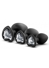 Набор из 3 черных пробок с прозрачным кристаллом-сердечком Bling Plugs Training Kit - Blush Novelties - купить с доставкой в Ногинске