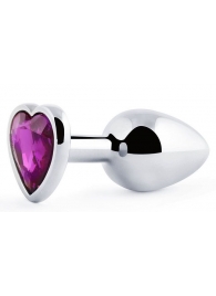 Серебристая анальная пробка с фиолетовым кристаллом-сердечком - 8 см. - Anal Jewelry Plug - купить с доставкой в Ногинске
