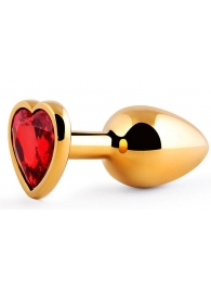 Золотистая анальная пробка с красным стразом-сердечком - 8 см. - Anal Jewelry Plug - купить с доставкой в Ногинске