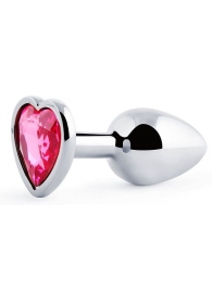 Серебристая анальная пробка с розовым кристаллом-сердечком - 7 см. - Anal Jewelry Plug - купить с доставкой в Ногинске