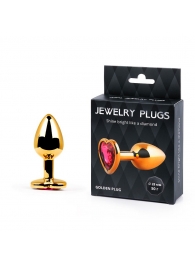 Золотистая анальная пробка с малиновым кристаллом-сердечком - 7 см. - Anal Jewelry Plug - купить с доставкой в Ногинске