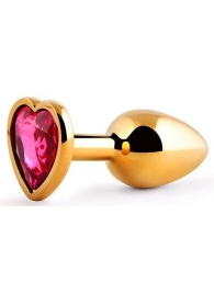 Золотистая анальная пробка с малиновым кристаллом-сердечком - 7 см. - Anal Jewelry Plug - купить с доставкой в Ногинске