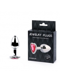 Серебристая анальная пробка с малиновым кристаллом-сердечком - 7 см. - Anal Jewelry Plug - купить с доставкой в Ногинске