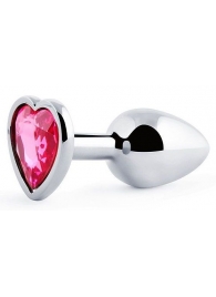 Серебристая анальная пробка с малиновым кристаллом-сердечком - 7 см. - Anal Jewelry Plug - купить с доставкой в Ногинске