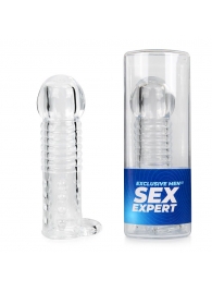 Прозрачная рельефная насадка-реалистик с петлей для мошонки - 13,5 см. - Sex Expert - в Ногинске купить с доставкой