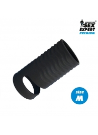 Черная открытая насадка на пенис с кольцом для мошонки size M - 7,9 см. - Sex Expert - в Ногинске купить с доставкой