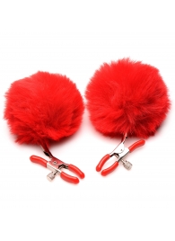 Красные зажимы на соски с помпонами Pom Pom - XR Brands - купить с доставкой в Ногинске