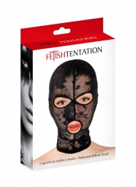 Черная кружевная маска на голову с отверстиями для глаз и рта - Fetish Tentation - купить с доставкой в Ногинске