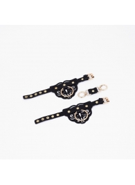 Черные кожаные наручники с клепками, кольцами и золотистой фурнитурой - Crazy Handmade - купить с доставкой в Ногинске