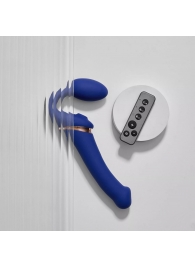 Синий безремневой страпон Multi Orgasm Bendable Strap-On size L с клиторальной стимуляцией - Strap-on-me - купить с доставкой в Ногинске