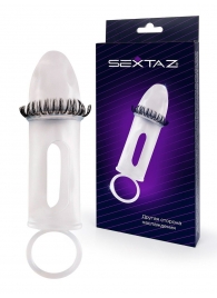 Закрытая насадка на пенис с подхватом мошонки и стимулирующими «ресничками» - Sextaz - в Ногинске купить с доставкой
