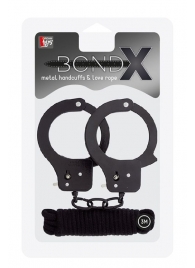 Чёрные наручники из листового металла в комплекте с веревкой BONDX METAL CUFFS LOVE ROPE SET - Dream Toys - купить с доставкой в Ногинске