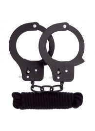 Чёрные наручники из листового металла в комплекте с веревкой BONDX METAL CUFFS LOVE ROPE SET - Dream Toys - купить с доставкой в Ногинске