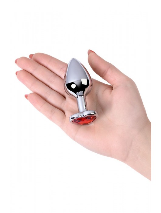 Серебристая коническая анальная пробка с красным кристаллом-сердечком - 7 см. - ToyFa - купить с доставкой в Ногинске