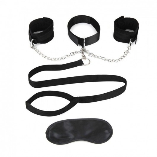 Чёрный ошейник с наручниками и поводком Collar Cuffs   Leash Set - Lux Fetish - купить с доставкой в Ногинске