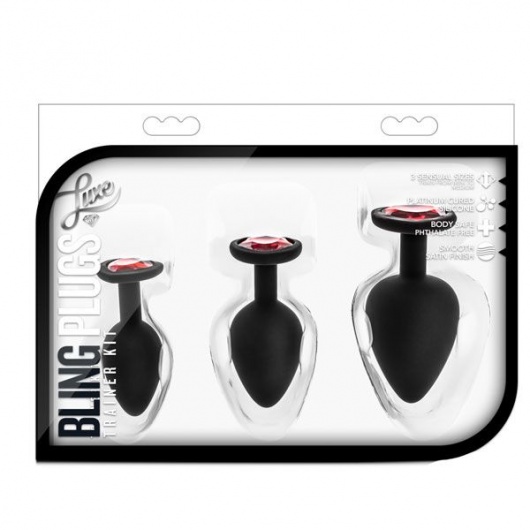 Набор черных анальных пробок с красным кристаллом-сердечком Bling Plugs Training Kit - Blush Novelties - купить с доставкой в Ногинске