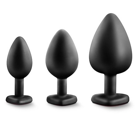 Набор черных анальных пробок с красным кристаллом-сердечком Bling Plugs Training Kit - Blush Novelties - купить с доставкой в Ногинске