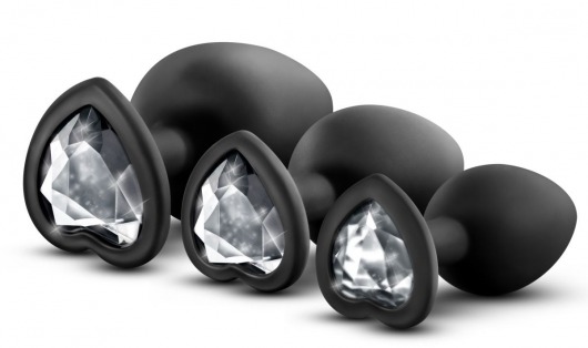 Набор из 3 черных пробок с прозрачным кристаллом-сердечком Bling Plugs Training Kit - Blush Novelties - купить с доставкой в Ногинске