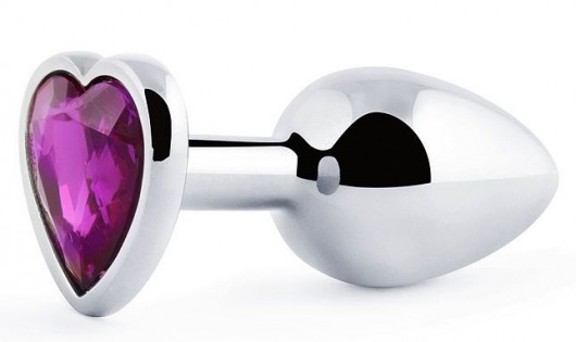 Серебристая анальная пробка с фиолетовым кристаллом-сердечком - 8 см. - Anal Jewelry Plug - купить с доставкой в Ногинске