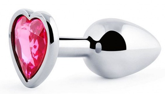 Серебристая анальная пробка с розовым кристаллом-сердечком - 7 см. - Anal Jewelry Plug - купить с доставкой в Ногинске