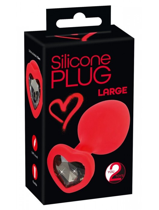 Красная силиконовая анальная пробка с черным стразом-сердечком - 9,3 см. - Orion - купить с доставкой в Ногинске
