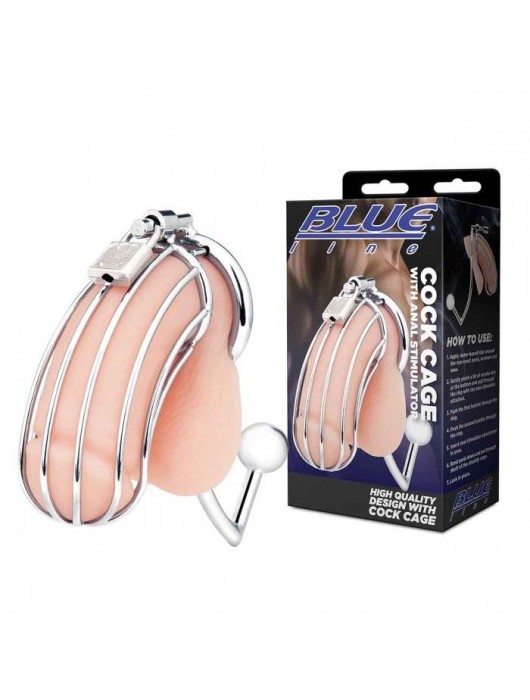 Серебристая металлическая клетка с анальным стимулятором Cock Cage - BlueLine - купить с доставкой в Ногинске