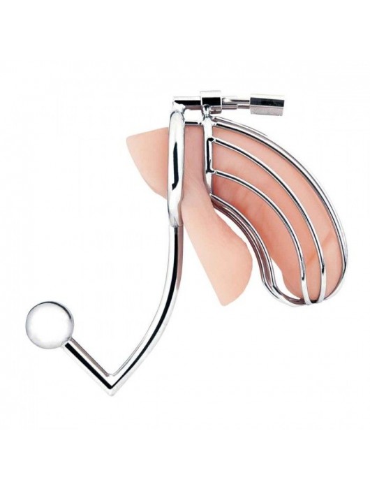 Серебристая металлическая клетка с анальным стимулятором Cock Cage - BlueLine - купить с доставкой в Ногинске