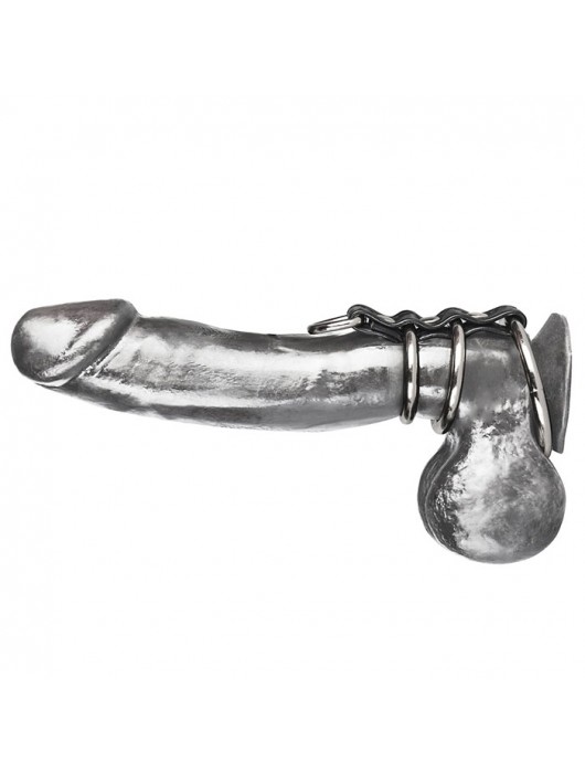 Хомут на пенис из трех металлических колец и кольца для привязи 3 RING GATES OF HELL - BlueLine - купить с доставкой в Ногинске