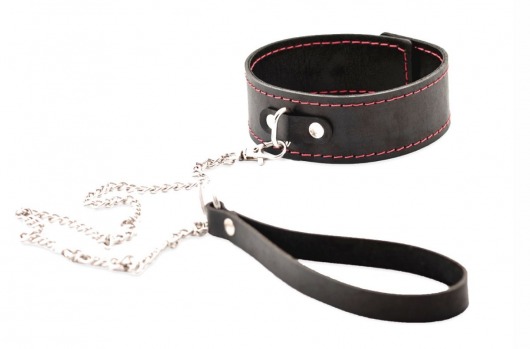 Черный широкий ошейник с красной строчкой и поводком - Crazy Handmade - купить с доставкой в Ногинске